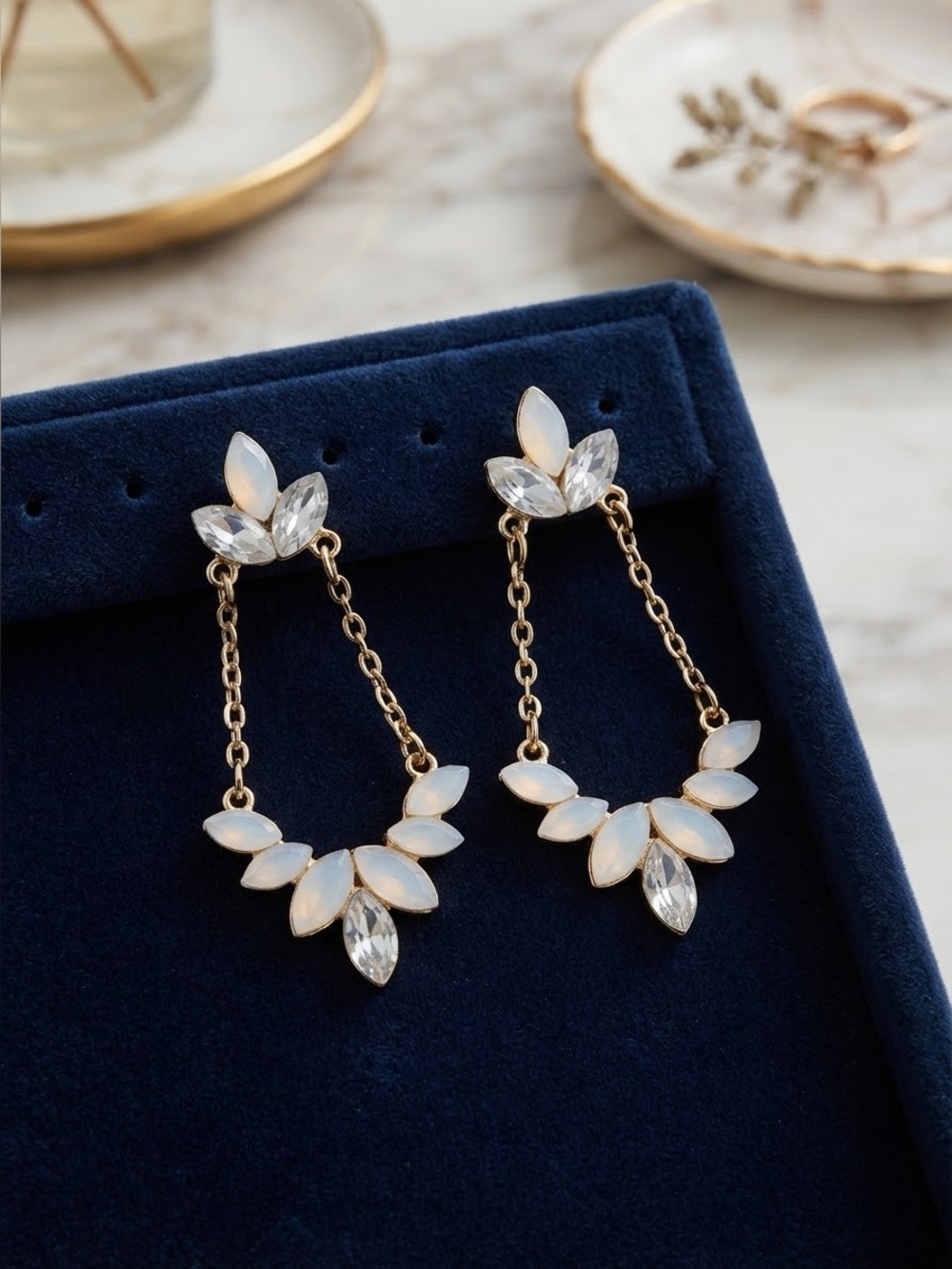 Gold-Tone Chandelier Earrings | White Marquise Resin & Crystal Rhinestone Dangle